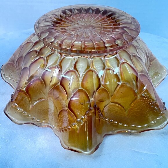 Vtg Dugan Amber Carnival Glass Bowl Ruffled Edge Peacock Tail Design Iridescent - Picture 6 of 8